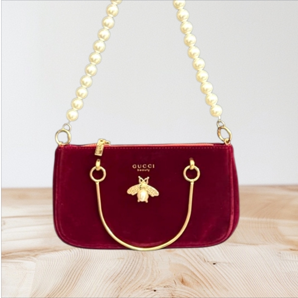 Gucci Beauty Burgundy Maroon Upcycled COSMETICS Pouch Purse Pearl Handle